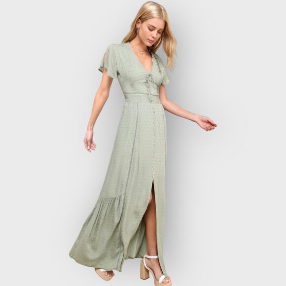 Lulus Sage Green Swiss Dot Maxi Dress XXS Button Front V-Neck Cottagecore - Picture 5 of 9